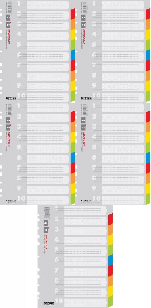 5x Przekładki do segregatora Office Products, kartonowe, A4, 10 kart, mix kolorów
