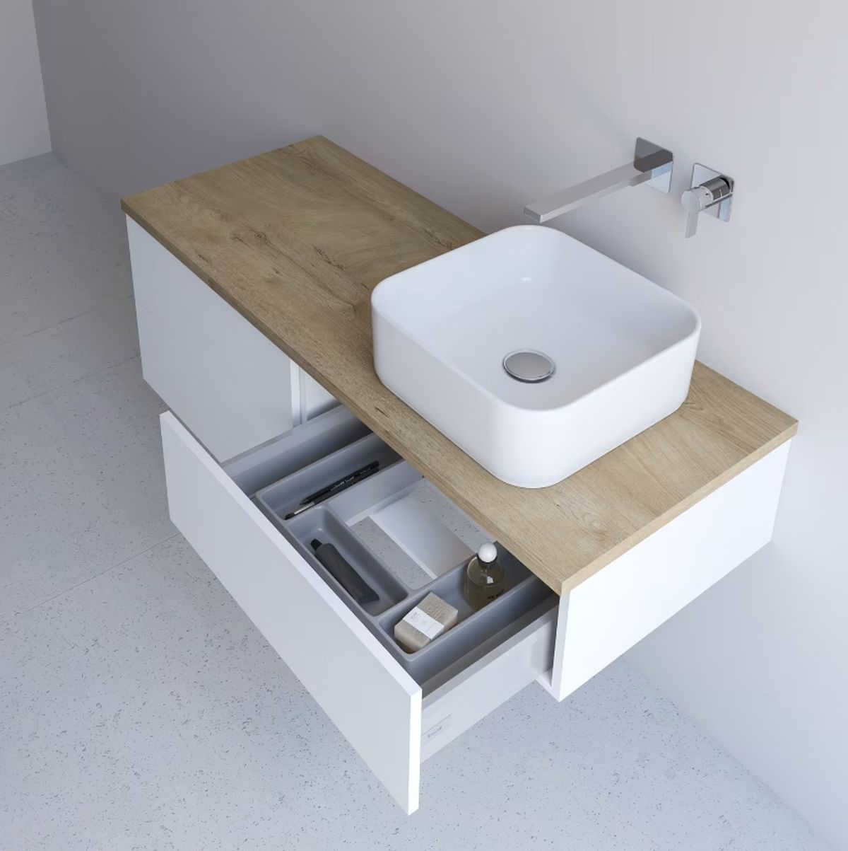 Kronenbach Cube szafka z blatem 161x48,7x44,5 cm podumywalkowa wisząca biały połysk-jasny dąb KBWTKOWTL1614WHGH