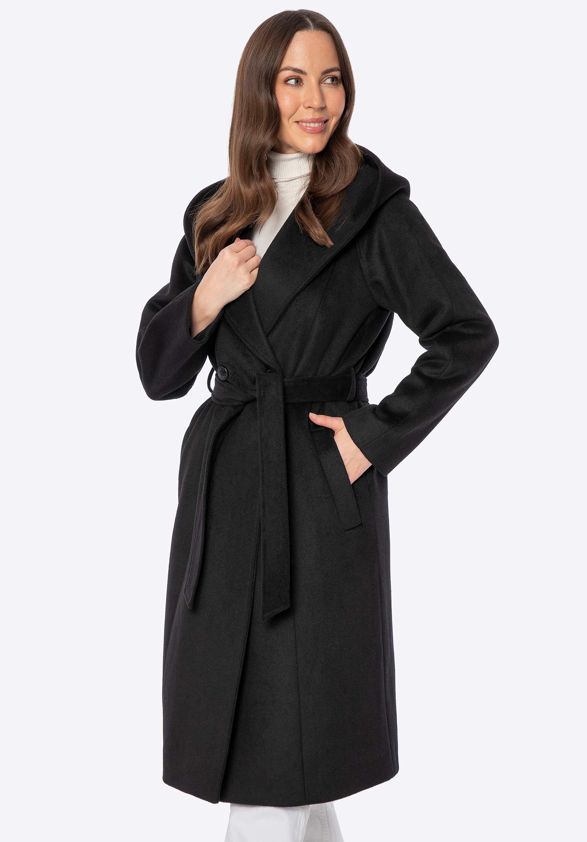Damski płaszcz dwurzędowy z wełną czarny