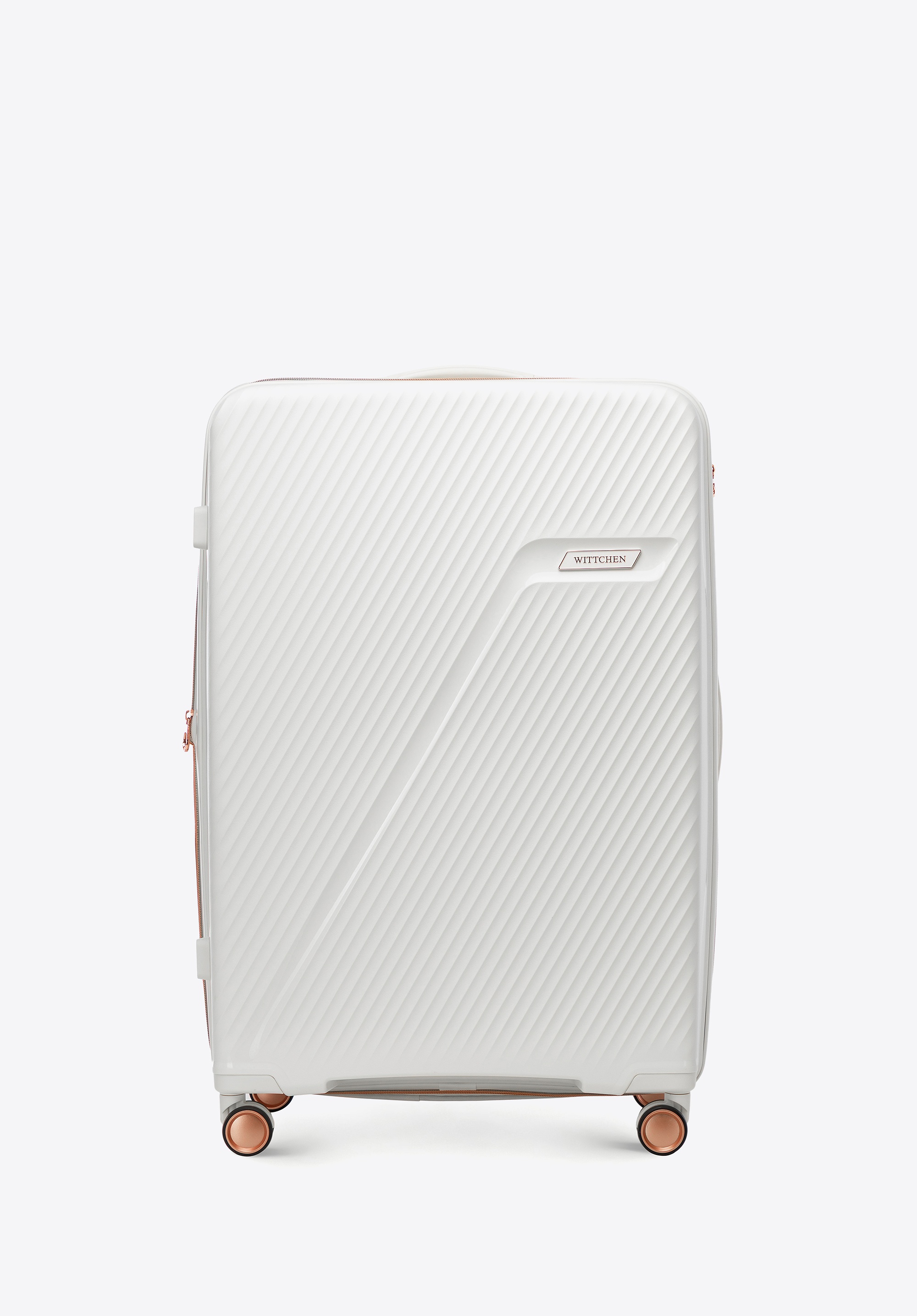 Duża walizka z polipropylenu w ukośne pasy kremowo - złota