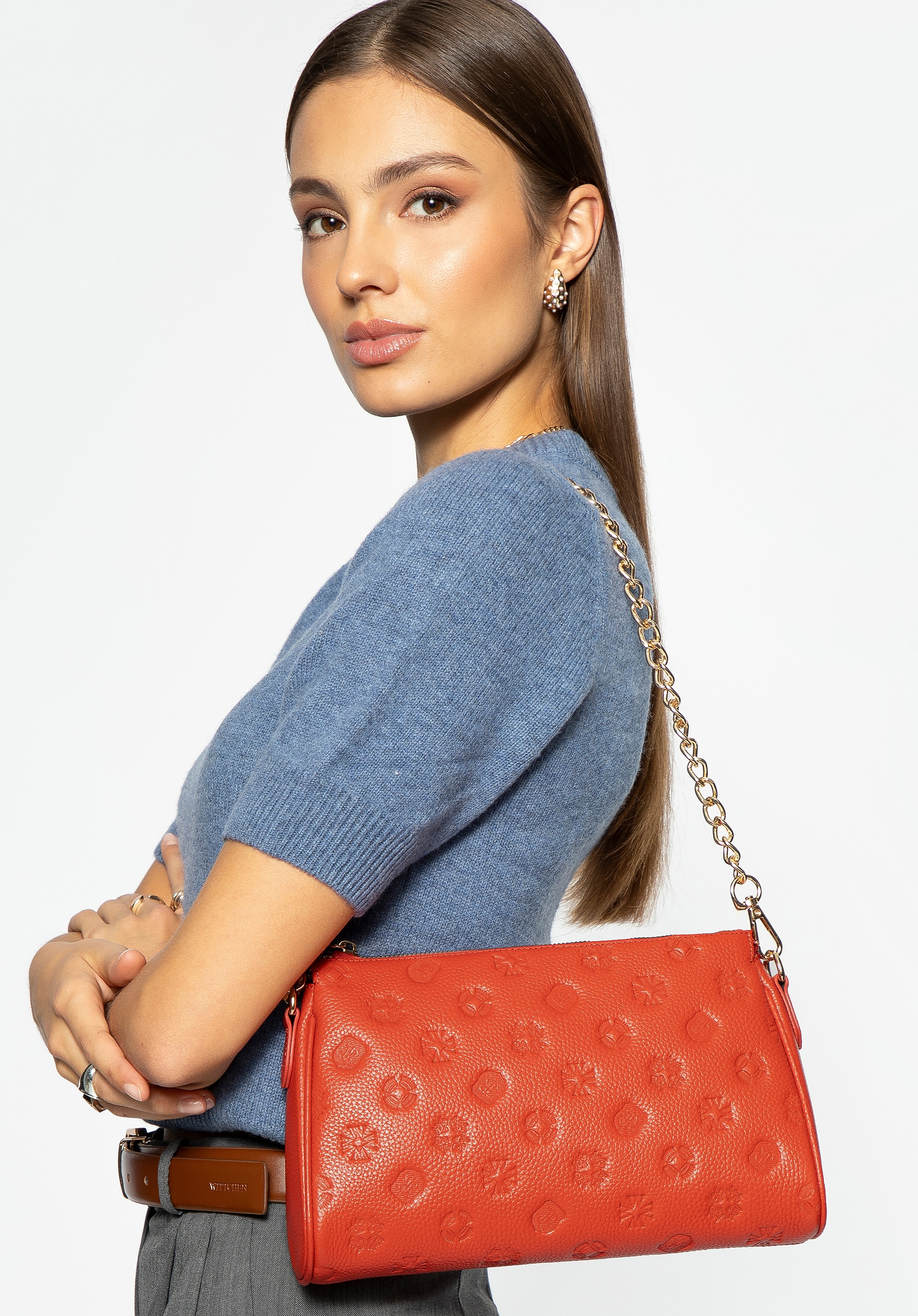 Torebka crossbody skórzana z tłoczeniem pomarańczowa