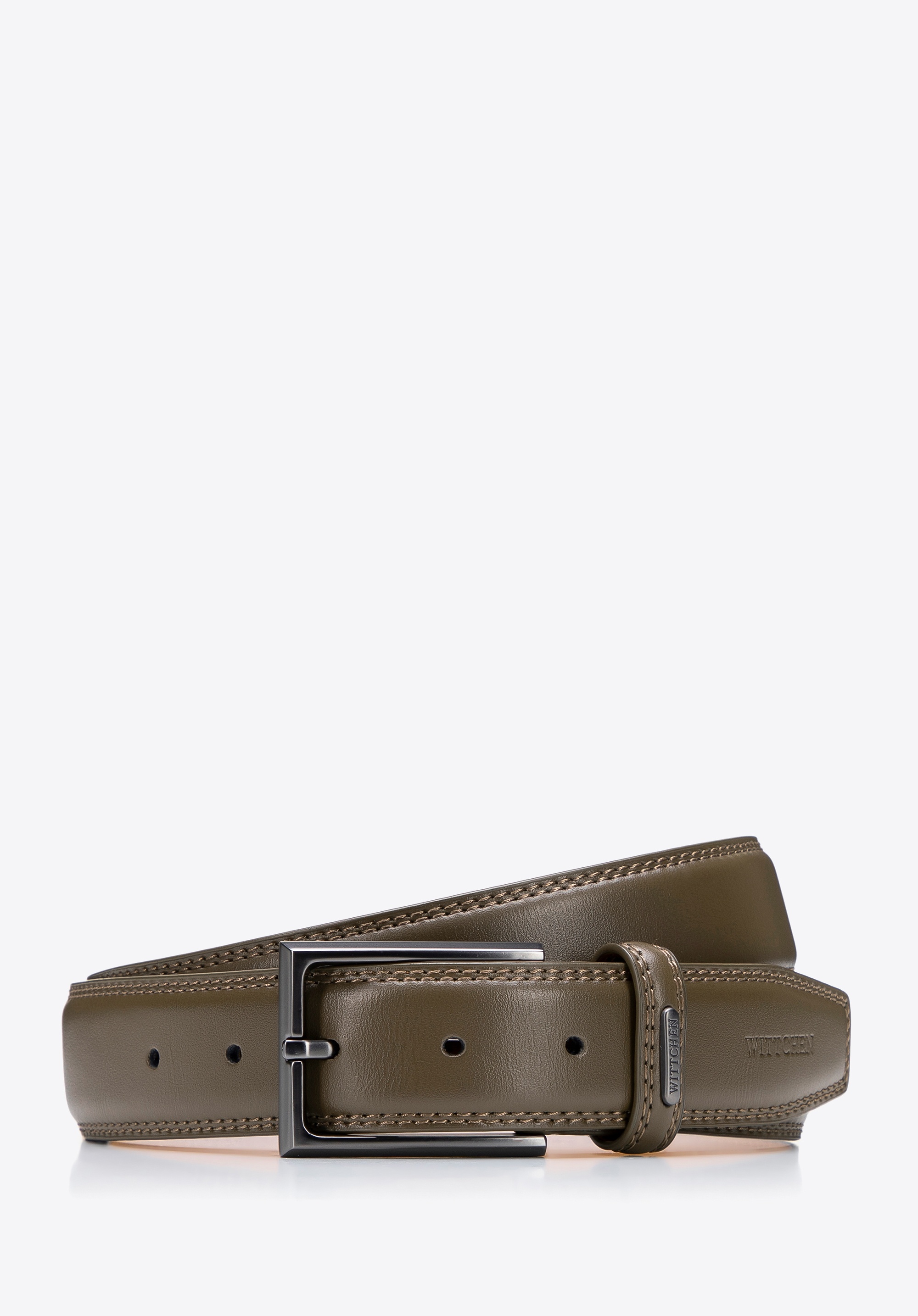 Pasek skórzany męski z podwójnym stebnowaniem khaki