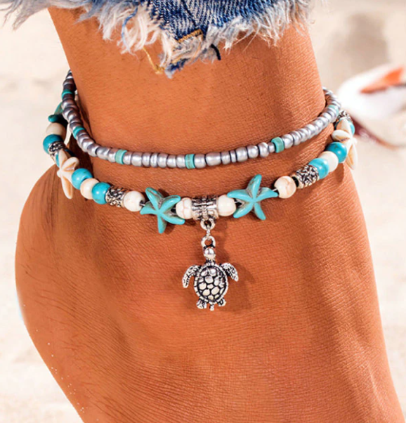 Bransoletka na nogę żółw - gwiazdy- muszelki C02