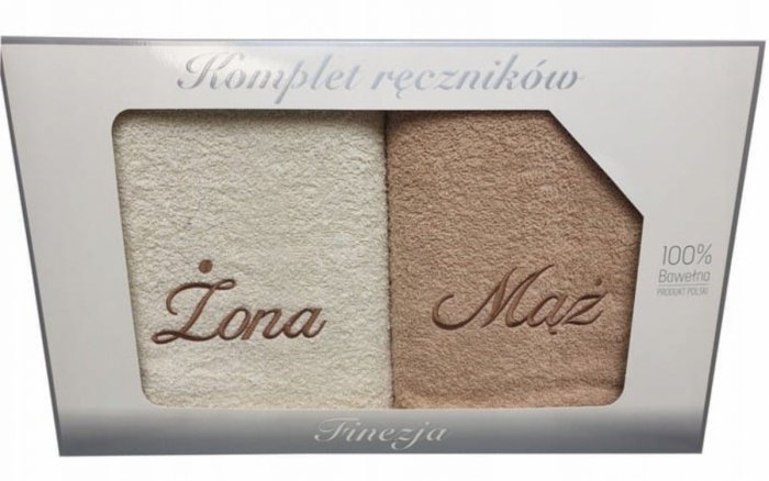 Komplet ręczników Mąż Żona 2 x 70x140 100% bawełna wz. krem - beż