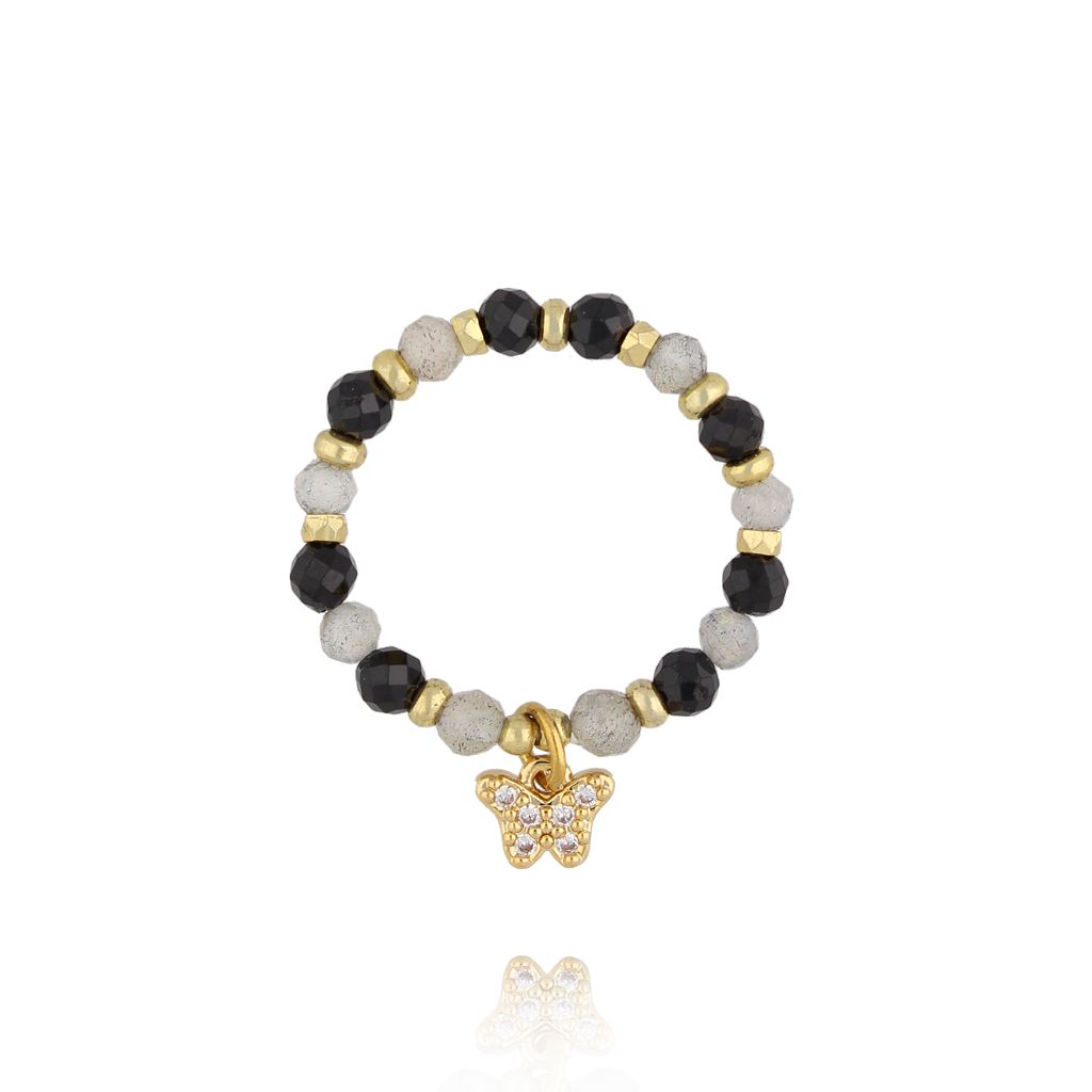 Pierścionek z czarno-szarymi koralikami i motylkiem PSC0749 - By Dziubeka