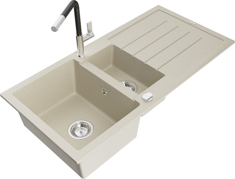 Zlewozmywak granitowy Mexen Andres 1,5-komorowy z ociekaczem i baterią kuchenną Flora beżowy 6515-69-670401-07