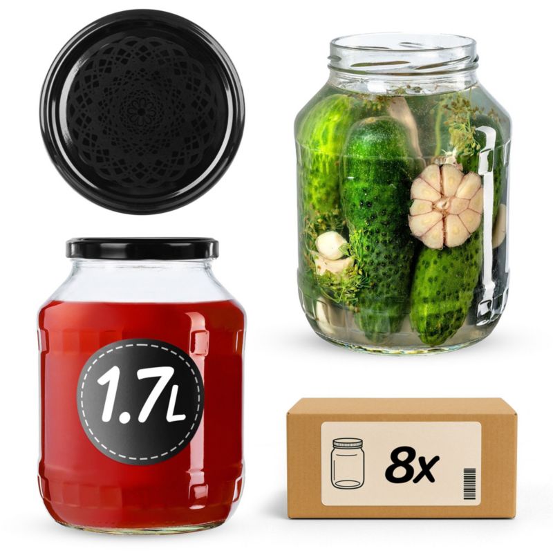 Słój KADAX Szklany 1,7L 89mm + wieczko "Czarna koronka" 8 szt.