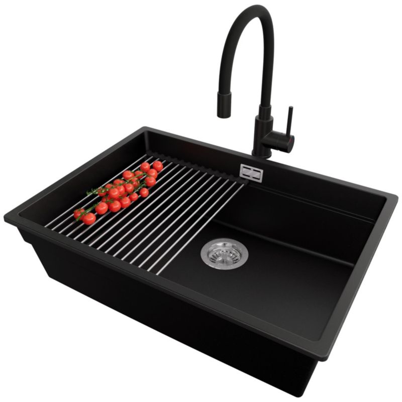 Zlewozmywak Granitowy Praga Slim PRIMAGRAN Nablatowy 66x47cm, Czarny + Bateria + Syfon + Akcesorium, S453, 1 szt.