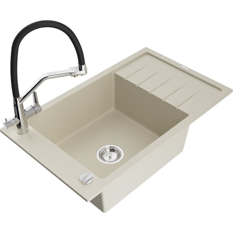 Zlewozmywak granitowy 1-komorowy Mexen Elias z ociekaczem i baterią kuchenną Duo biały - 6511-20-671701-70-B 1 szt.