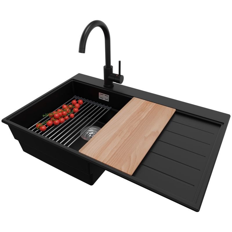 Zlewozmywak Granitowy Sydney PRIMAGRAN Nablatowy 78x50cm do szafki od 45cm, Czarny + Bateria + Syfon + Akcesoria, S272, 1 szt.