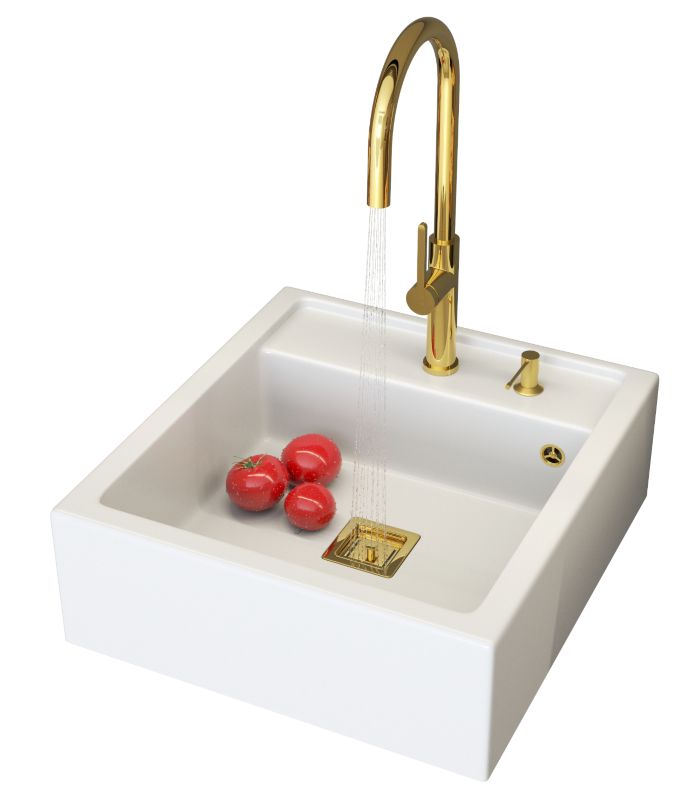 Zlewozmywak Granitowy Skandynawski Farmerski Granitan Biały Bateria Złota Dozownik Złoty 1 kpt.