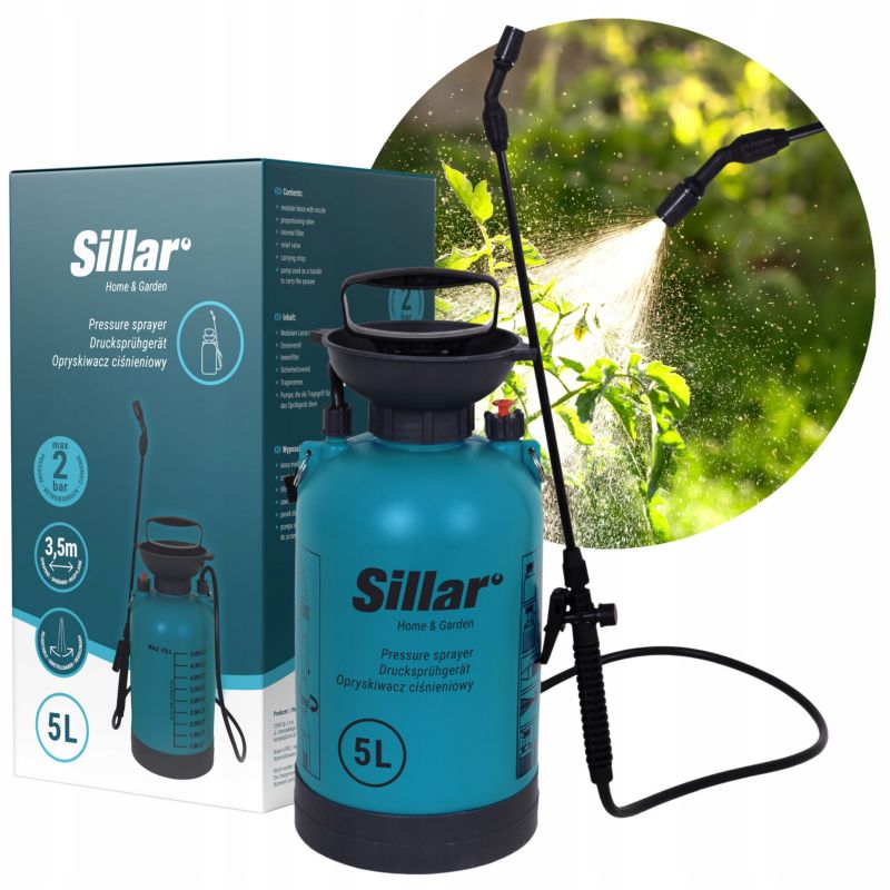 Opryskiwacz ciśnieniowy, Sillar, ręczny, 5L, z lancą modułową, filtrem, paskiem, spryskiwacz ogrodowy, 1szt