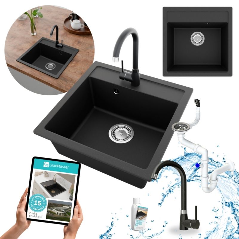 Zestaw zlewozmywak GranMaster - Horizon 49x49x20,3cm czarny metalik z baterią, syfonem oraz impregnatem 1szt.