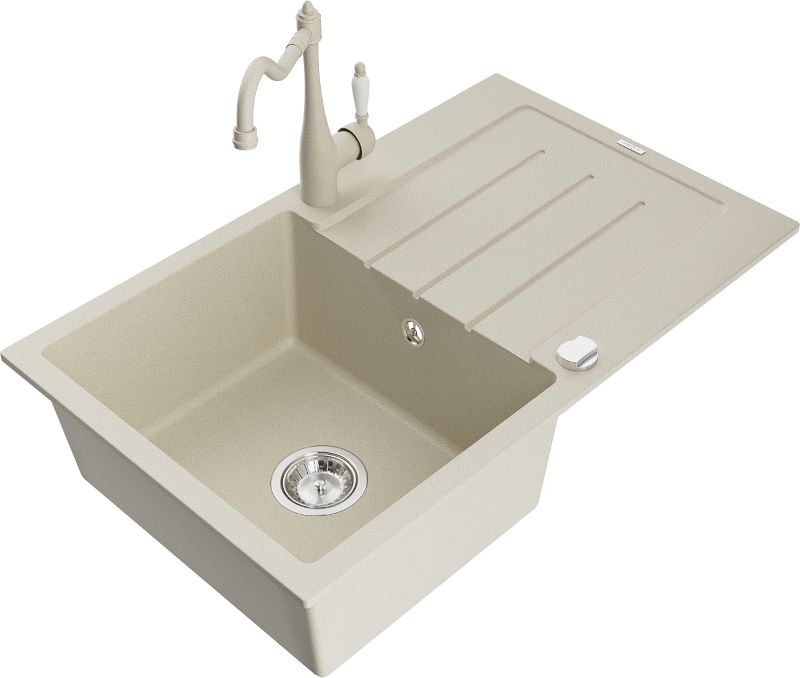 Zlewozmywak granitowy Mexen Bruno 1-komorowy z ociekaczem i baterią kuchenną Carla beżowy - 6513-69-670700-70 1 szt.