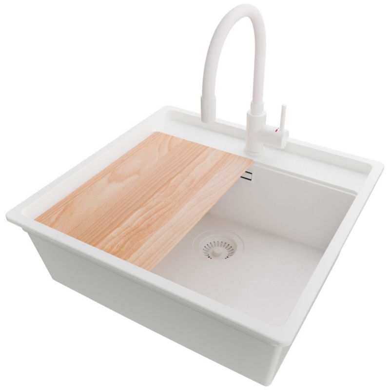 Zlewozmywak Granitowy Bergen PRIMAGRAN Nablatowy 56x53cm do szafki od 60cm, Cały Biały + Bateria + Syfon + Deska, S212, 1 szt.