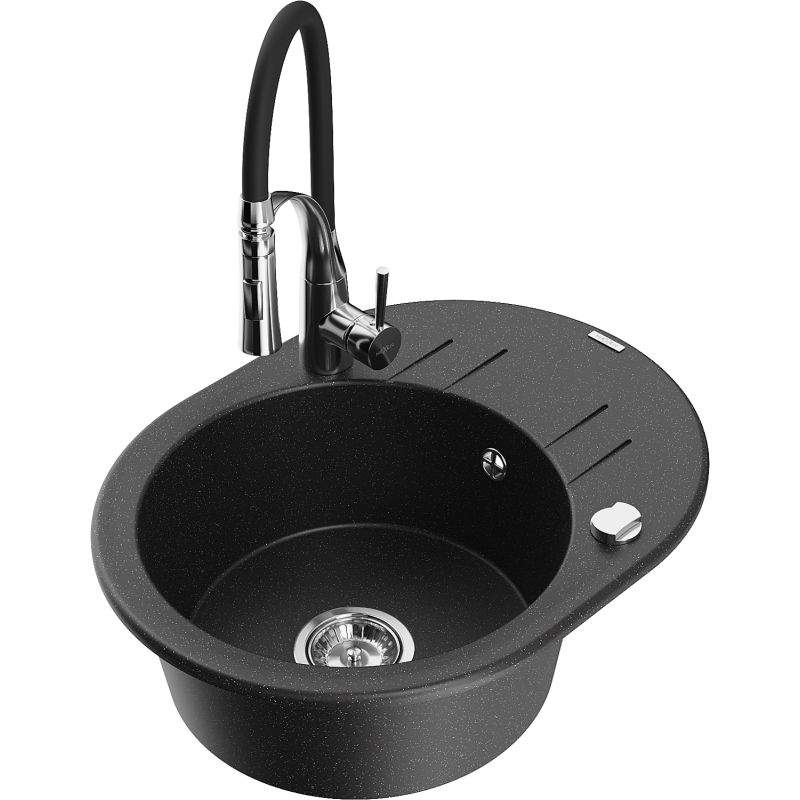 Zlewozmywak granitowy 1-komorowy Mexen Kevin z ociekaczem i baterią Aster czarny/srebrny metalik - 6517-73-73450-70-B 1 szt.