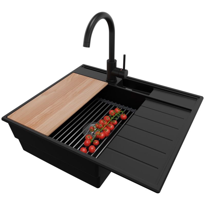 Zlewozmywak Granitowy Sydney Pocket PRIMAGRAN Nablatowy 62x53cm, Czarny + Bateria + Syfon + Akcesorium, S080, 1 szt.