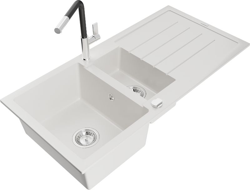 Zlewozmywak granitowy Mexen Andres 1,5-komorowy z ociekaczem i baterią kuchenną Flora biały 6515-20-670401-07