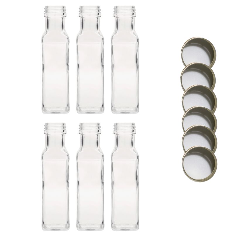 Butelki szklane MODO24 100 ml maraska kwadratowa na soki i oliwę fi 31 z nakrętkami 6 szt.