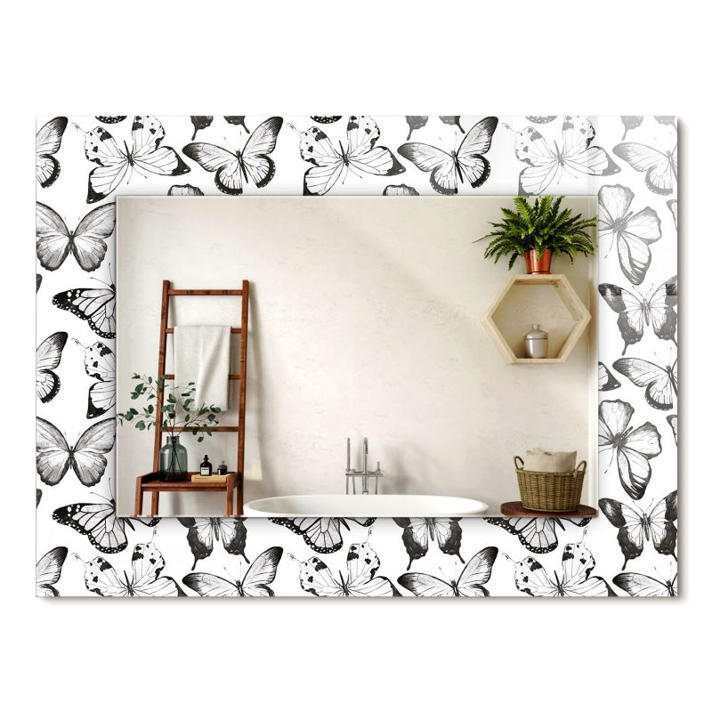 Lustro Prostokątne z Nadrukiem ArtPrintCave 80x60 cm Czarno-białe motyle z Ozdobną Ramą Szklaną w Stylu Boho 1 szt.