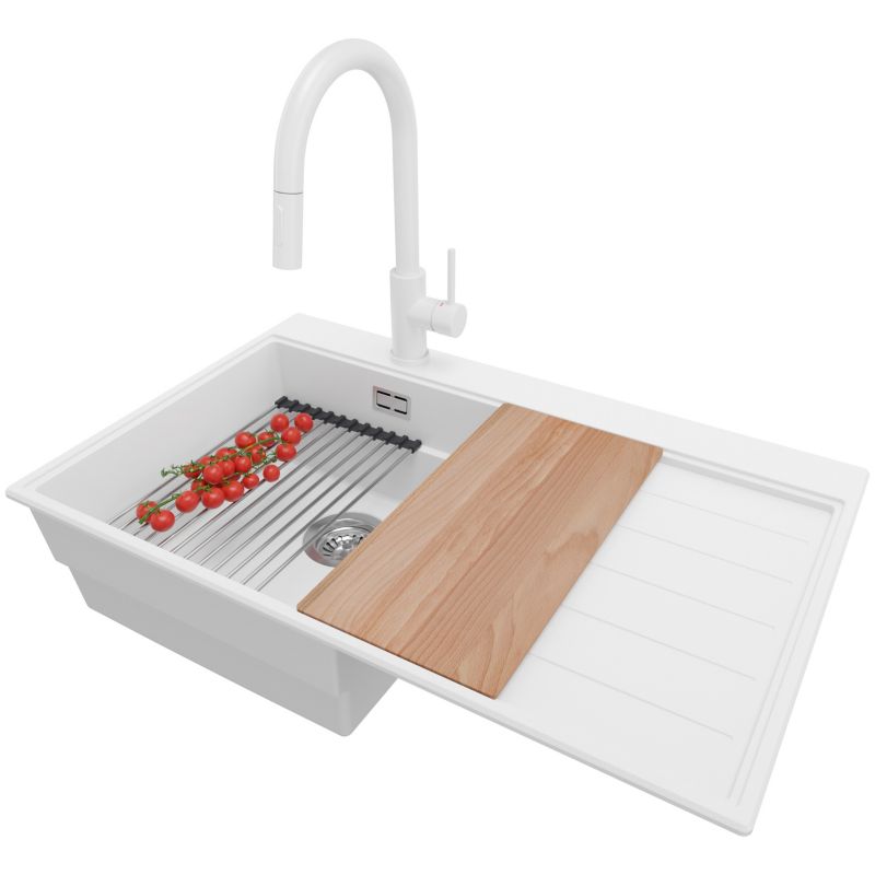 Zlewozmywak Granitowy Sydney PRIMAGRAN Nablatowy 78x50cm do szafki od 45cm, Biały + Bateria + Syfon + Akcesoria, S276, 1 szt.