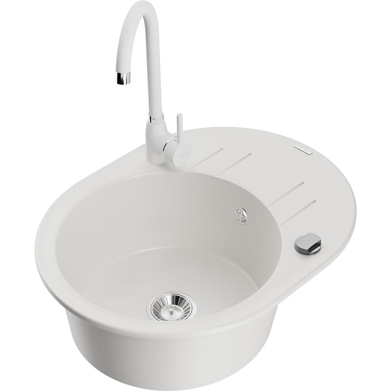 Zlewozmywak granitowy 1-komorowy Mexen Kevin z ociekaczem i baterią kuchenną Telma biały 6517-20-670200-20