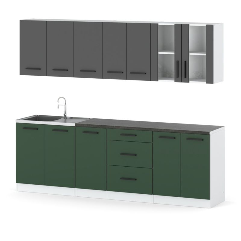 Zestaw Kuchenny Hurtownia-Mebli Z Blatem Kuchnia Remino 260cm Biały Mat Szary Mat/Butelkowa Zieleń 260x47x145 cm 1szt.