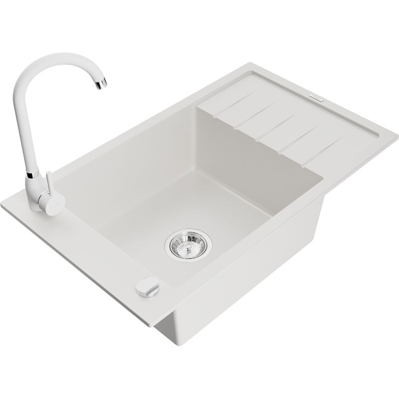 Zlewozmywak granitowy 1-komorowy Mexen Elias z ociekaczem i baterią kuchenną Telma biały 6511-20-670200-20