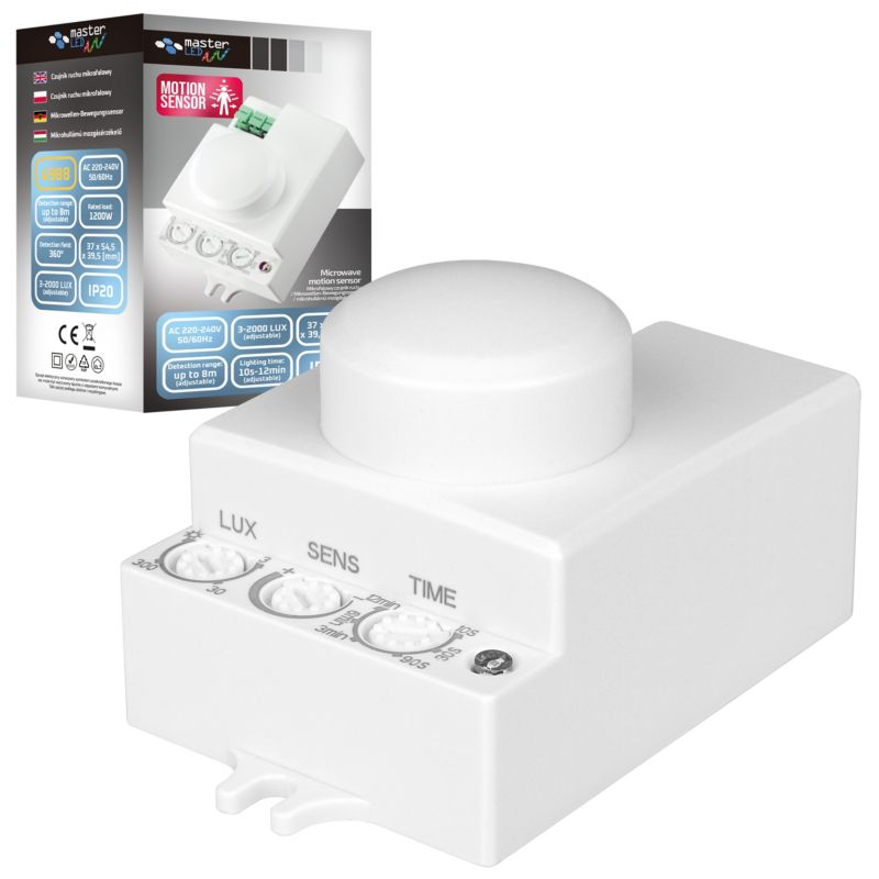 Czujnik ruchu mikrofalowy MasterLED IP20 360 stopni 5,8GHz regulacja biały 1 szt.