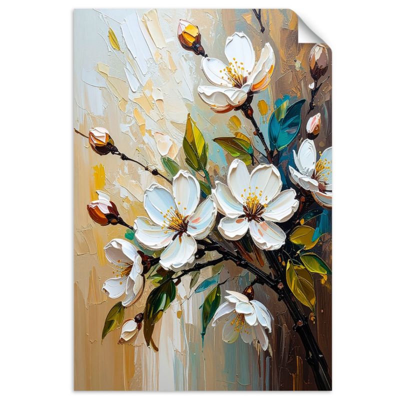 Plakaty samoprzylepne do salonu sypialni Feeby Białe Kwiaty efekt farby olejnej 20x30cm 1szt