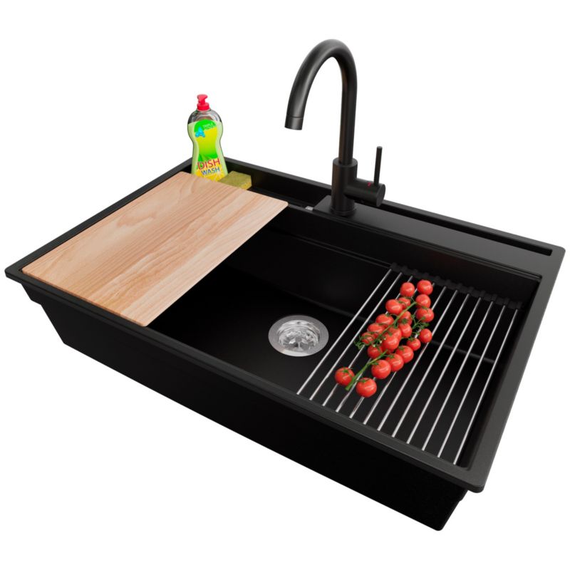 Zlewozmywak Granitowy Oslo Pocket PRIMAGRAN Nablatowy 78x53cm, Czarny + Bateria + Syfon + Akcesorium, S401, 1 szt.