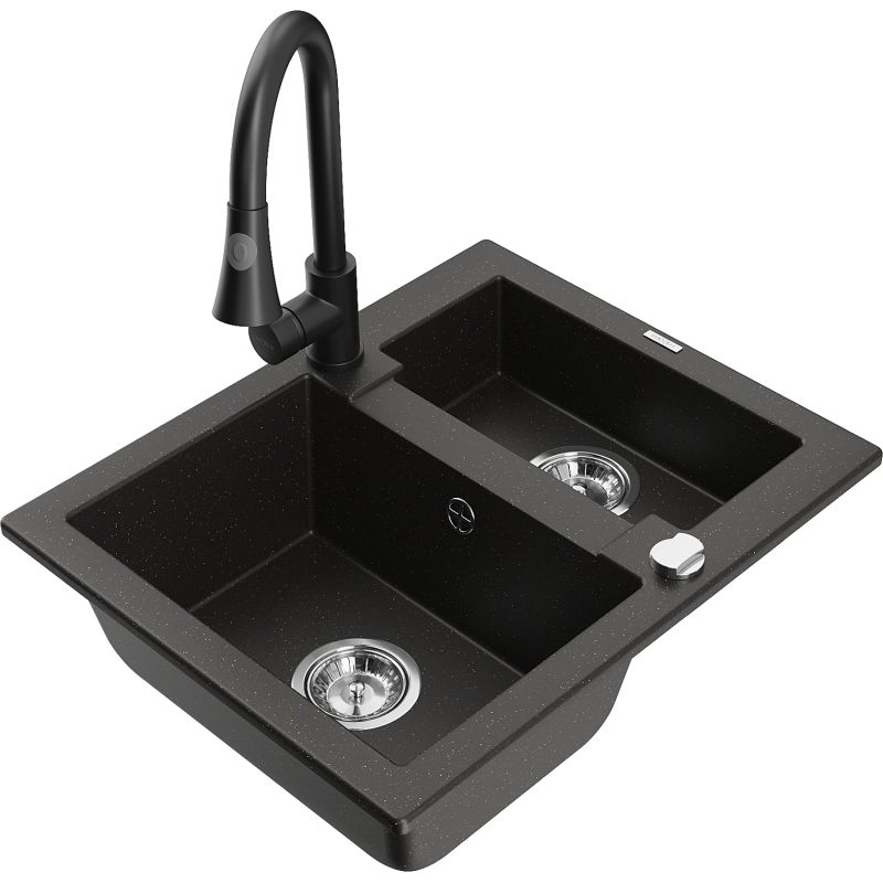 Zlewozmywak granitowy 1.5-komorowy Mexen Carlos z baterią kuchenną Elia czarny/złoty metalik 6518-75-670101-70