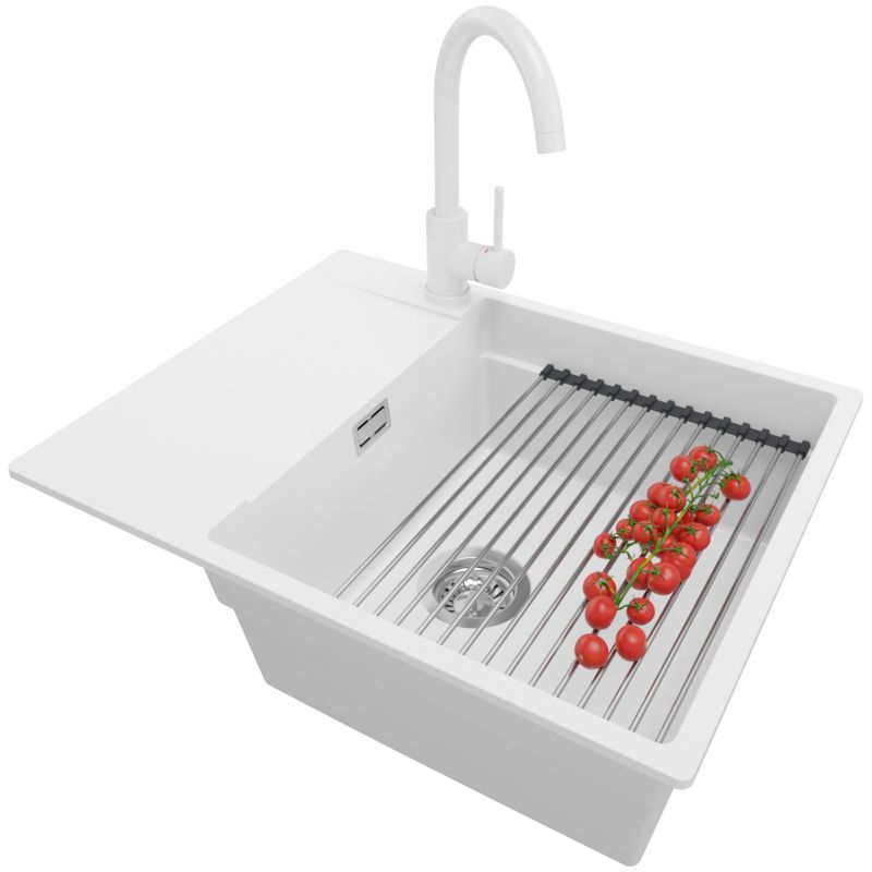 Zlewozmywak Granitowy San Francisco PRIMAGRAN Nablatowy 62x50cm, Biały + Bateria + Syfon + Akcesorium, S120, 1 szt.