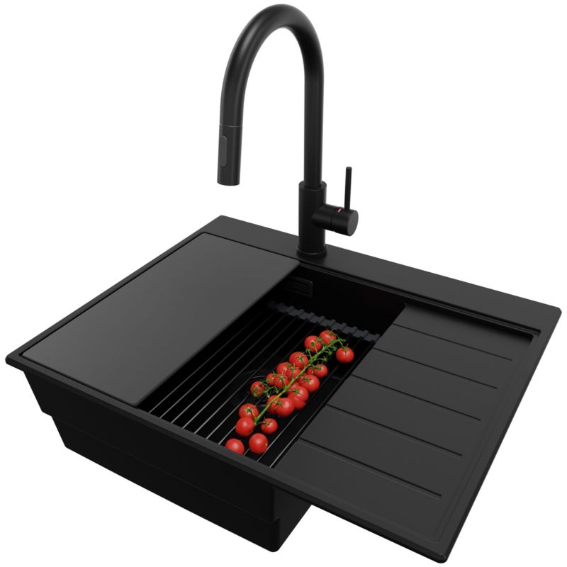 Zlewozmywak Granitowy Sydney PRIMAGRAN Nablatowy 62x50cm, Cały Czarny + Bateria + Syfon + Akcesorium, S191, 1 szt.