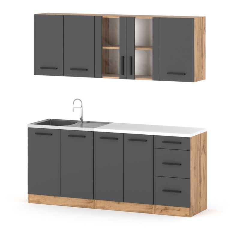 Zestaw Kuchenny Hurtownia-Mebli Z Blatem Kuchnia Rest 200cm Dąb Wotan Szary Mat 200x47x145 cm 1szt.