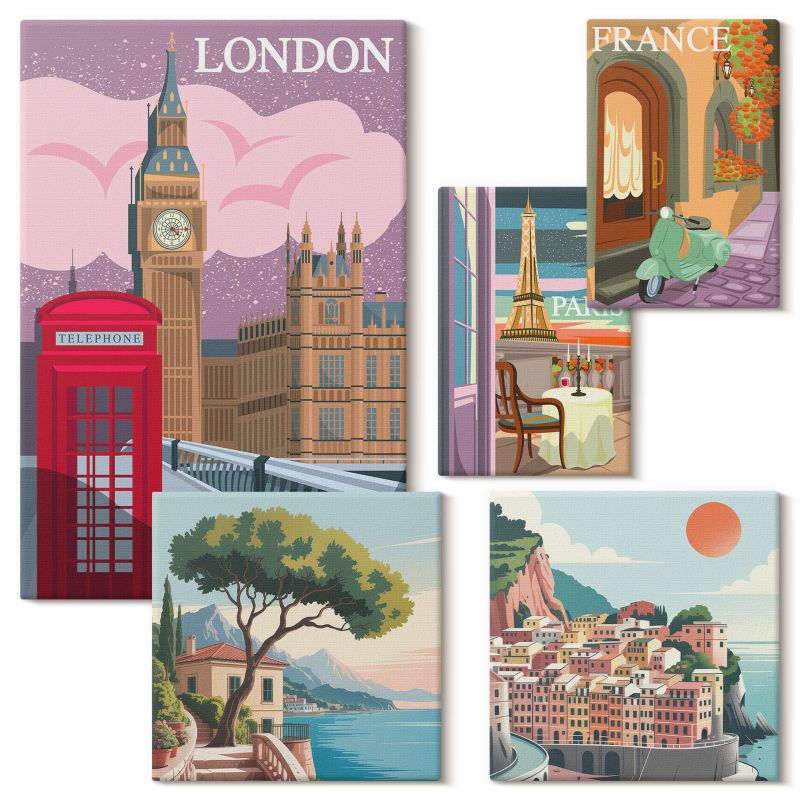 Komplet Obrazów Na Płótnie Wallfluent Widoki Paryż Londyn retro 5 szt.