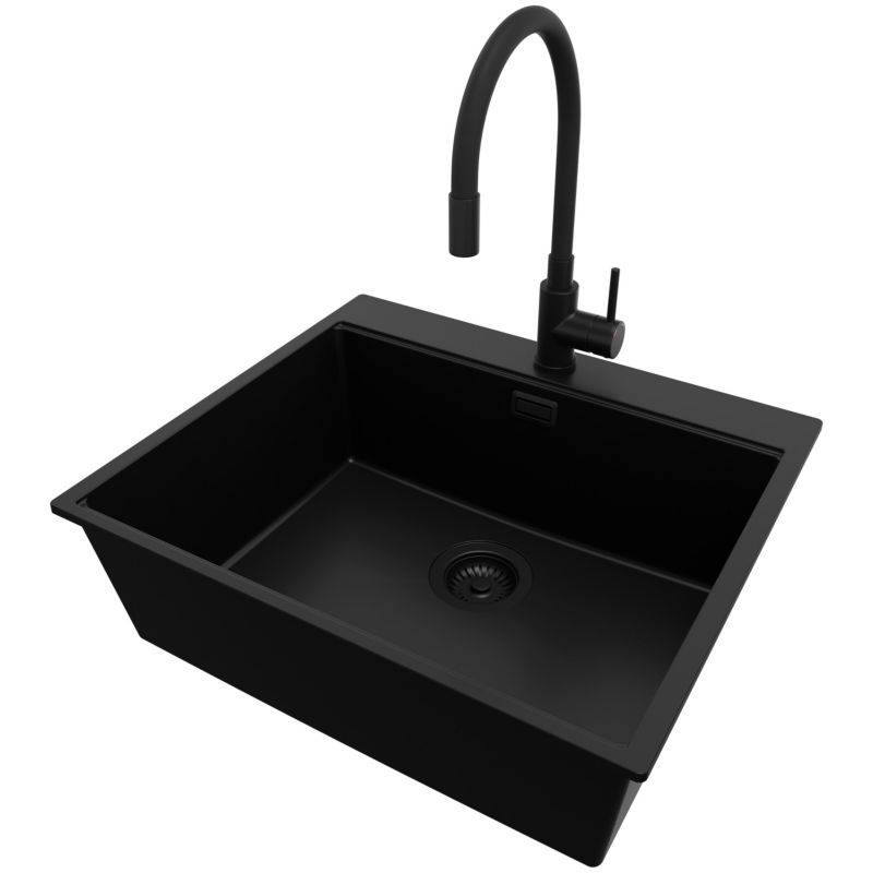 Zlewozmywak Granitowy Oslo PRIMAGRAN Nablatowy 58x50cm do szafki od 60cm z Syfonem i Baterią Cały Czarny 1 szt.