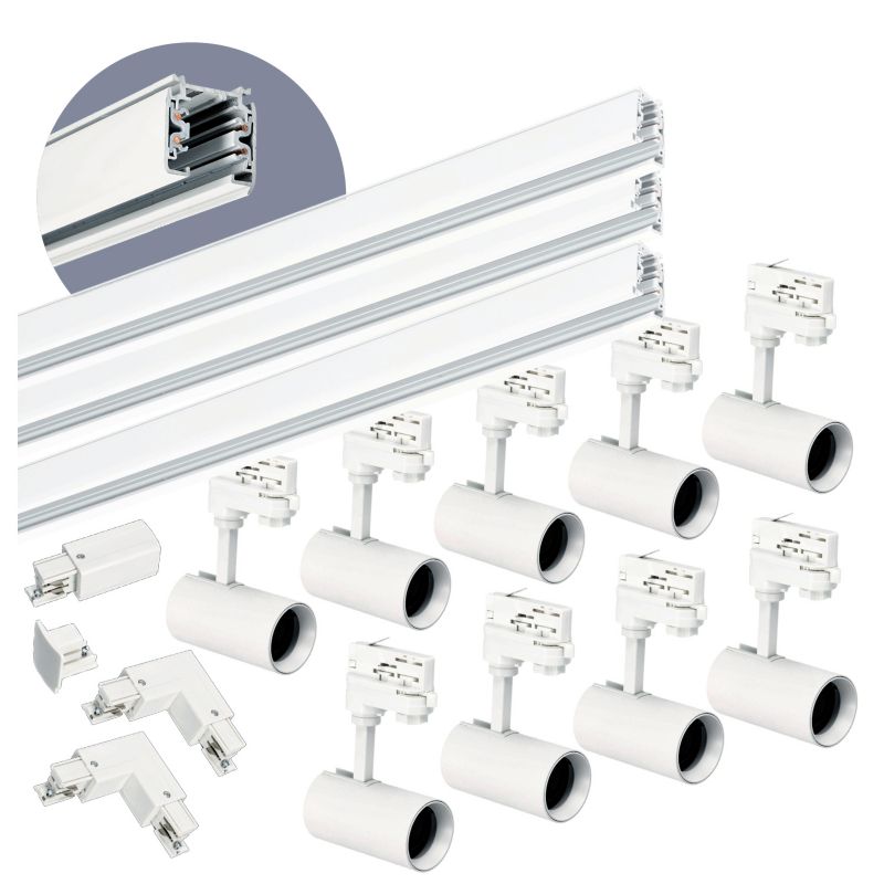 Oświetlenie szynowe 3-fazowe Kobi szyna 1m+1m+1m, 9x Lampa, łącznik L biały 1kpl.