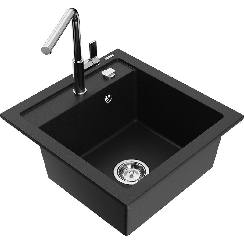 Zlewozmywak granitowy 1-komorowy Mexen Vito z baterią kuchenną Flora czarny 6503-77-670401-00