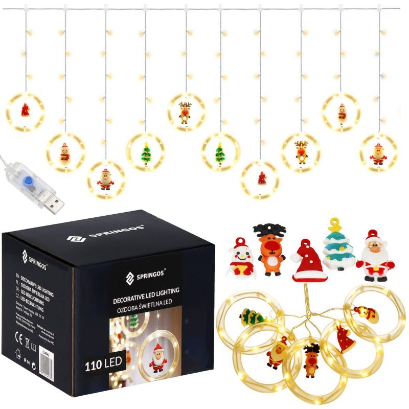 Kurtyna świetlna na okno Springos 110 led lampki bombki z figurkami biały ciepły na USB 1 szt.