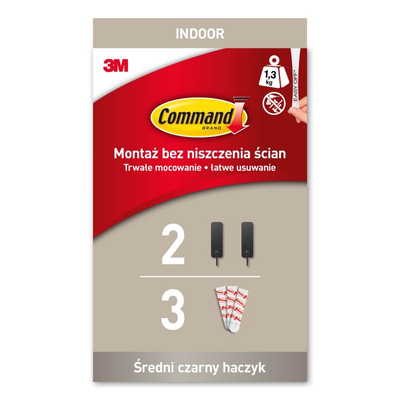 Średni haczyk 3M Command czarny matowy 2 haczyki 3 paski