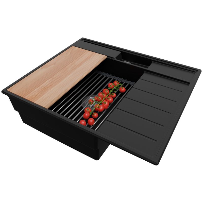 Zlewozmywak Sydney Pocket PRIMAGRAN Nablatowy 62x53cm do szafki od 45cm, Czarny + Syfon + Akcesoria, S075, 1 szt.