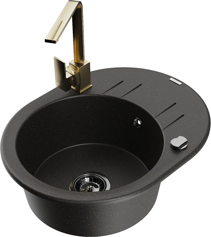 Zlewozmywak granitowy Mexen Kevin 1-komorowy z ociekaczem i baterią kuchenną Savita czarny - 6517-76-672601-76 1 szt.