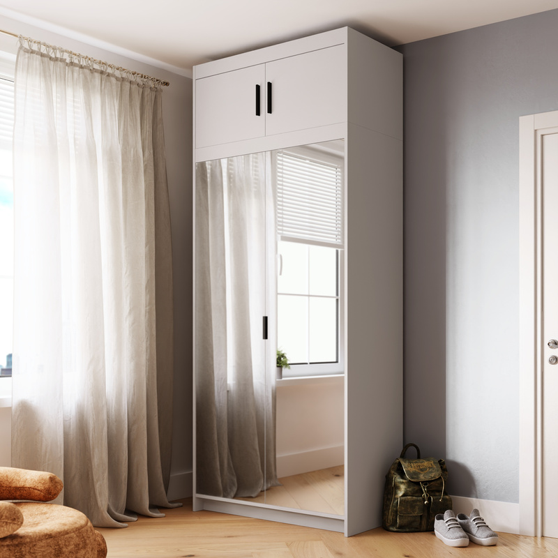 Szafa 90 cm z lustrem i nadstawką do sypialni biały KUBA