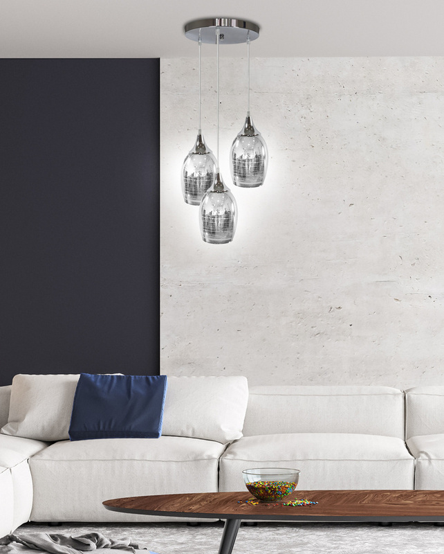 Srebrna lampa wisząca 3-płomienna do salonu MARINA szkło chrom