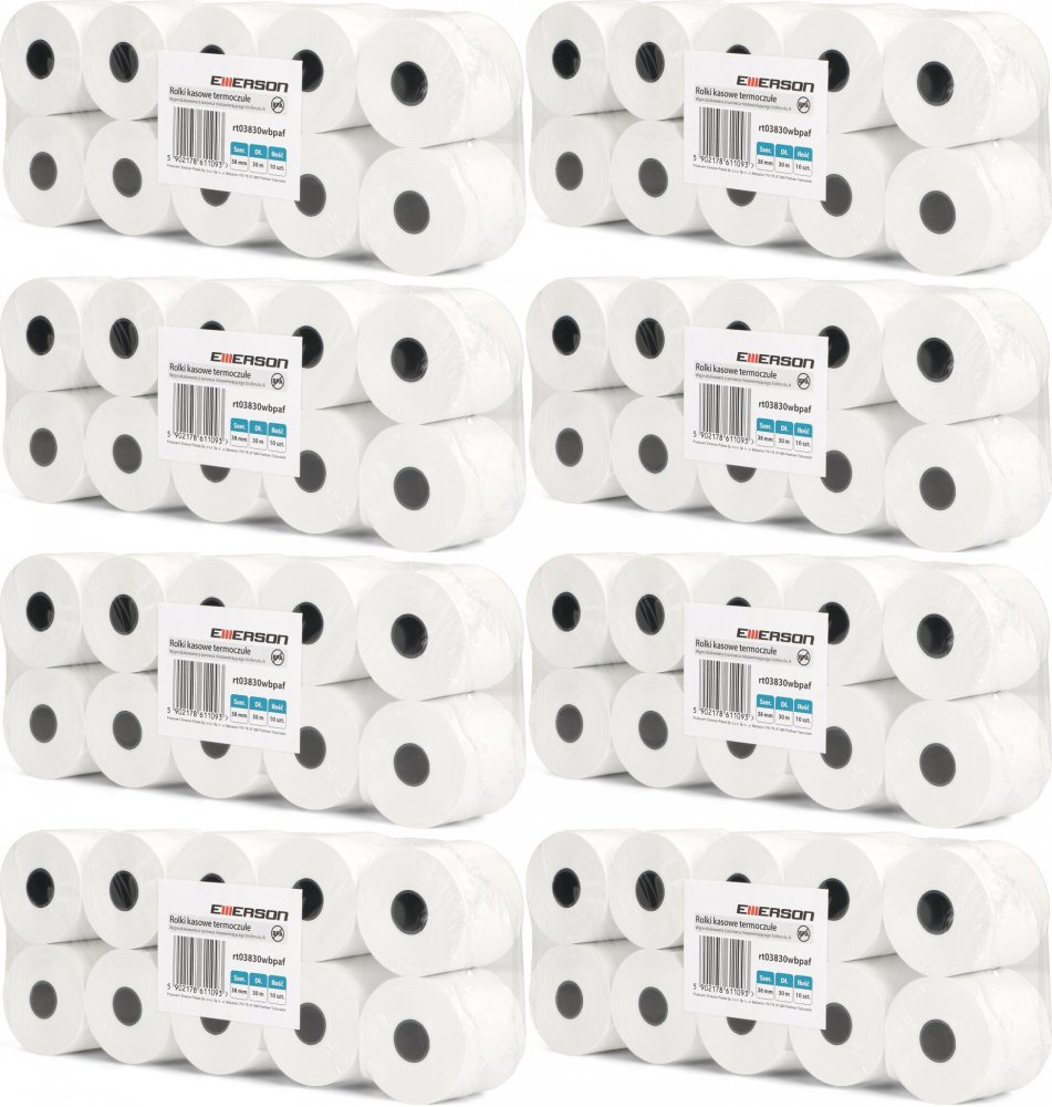 8x Rolka termiczna Emerson, 38mm x 30m, 50+/- 6g/m2, BPA Free, 10 sztuk, biały