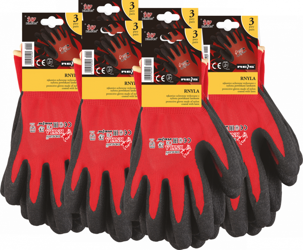 6x Rękawice robocze Reis Dragon RNYLA -S CB, powlekane, rozmiar 8, czarno-czerwony