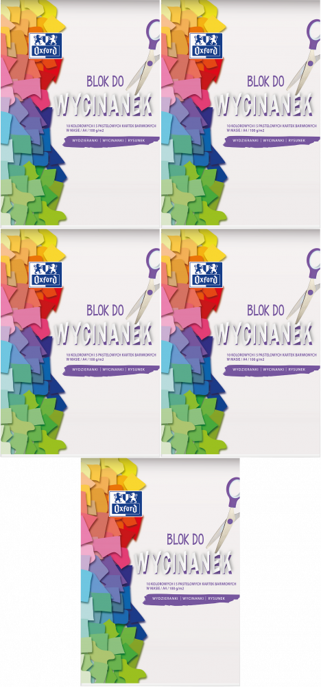 5x Blok do wycinanek Oxford, 15 kolorowych kartek, A4, 100g/m2