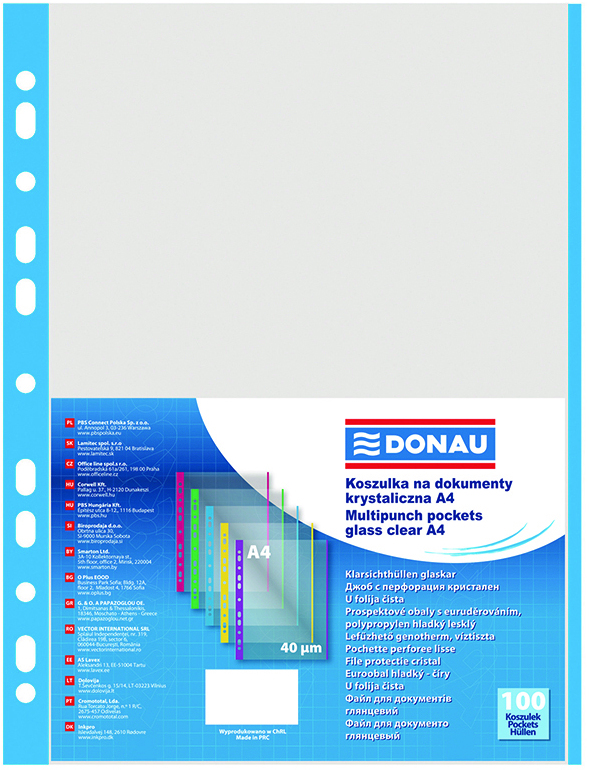 Koszulki na dokumenty Donau, A4, 40μm, 100 sztuk, niebieski brzeg