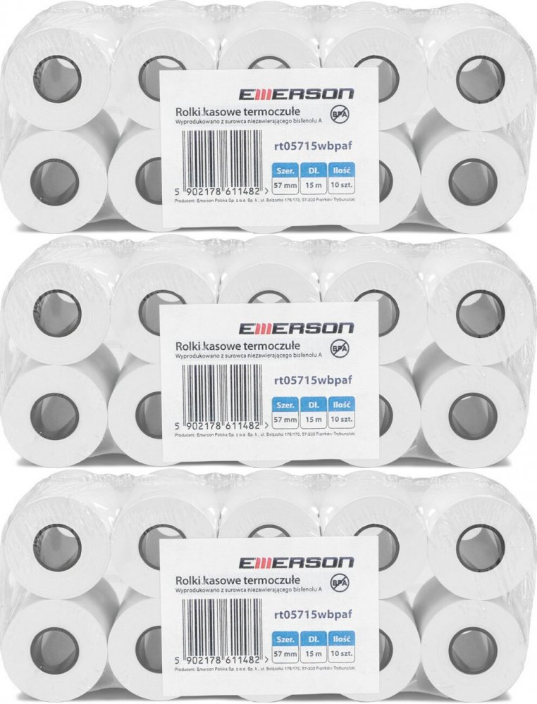 3x Rolka termiczna Emerson, 57mm x 15m, 50+/- 6g/m2, BPA Free, 10 sztuk, biały